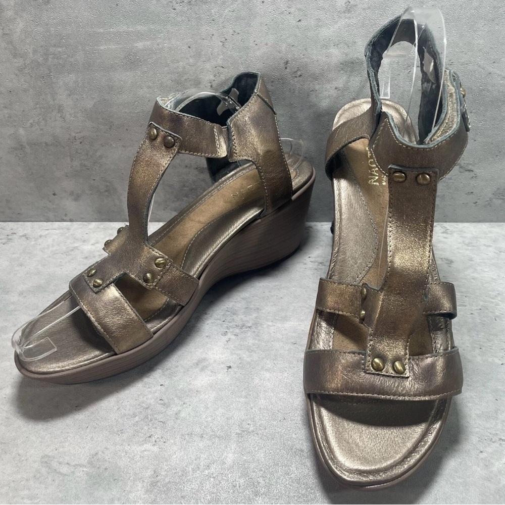 NEW NAOT FLIRT METAL GOLD BRASS LEATHER WEDGE SANDALS WOMAN’S 42 US 11‎ SHOES